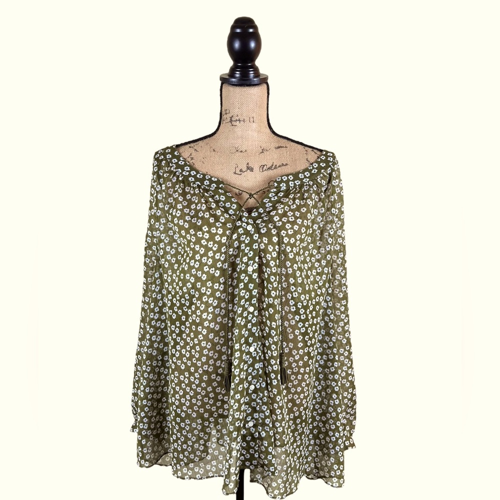 Lane Bryant Olive Floral tassel tie button down Sheer blouse 22/24